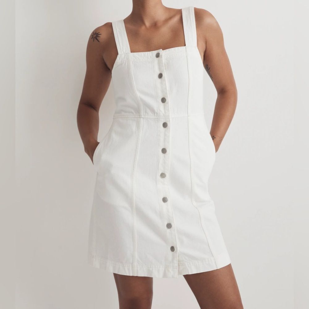 Madewell Denim Square-Neck Sleeveless Mini Dress in Tile White NWOT Size 00